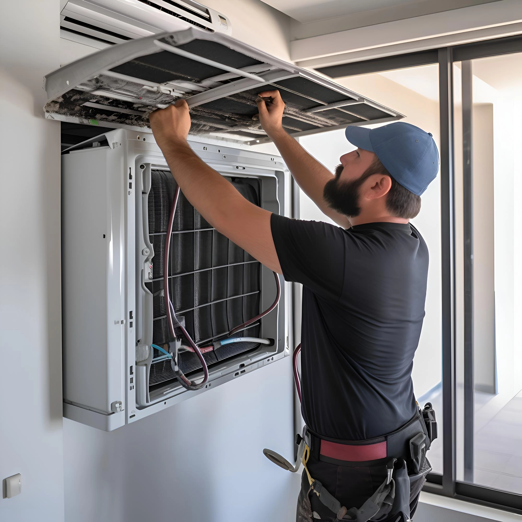 Technicien nettoyant une unité de climatisation